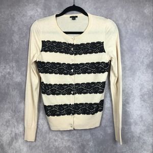 Ann Taylor Cardigan Medium  Pink Black Balletcore Barbie Button Up Lace Detail